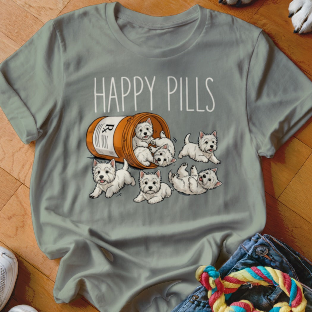 West Highland Terriers spill from a pill bottle with text "HAPPY PILLS".
