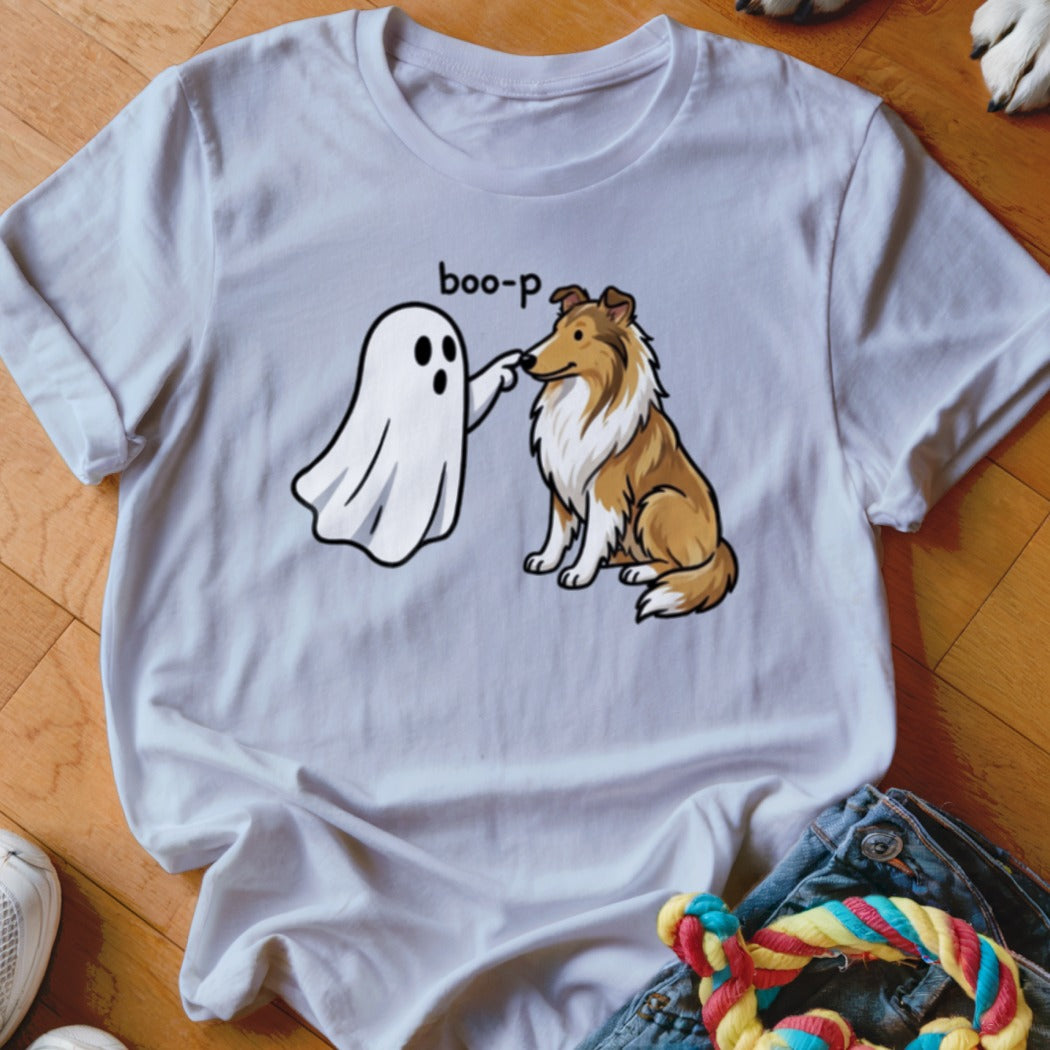 White t-shirt with ghost poking a Collie dog's nose, reads "boo-p".