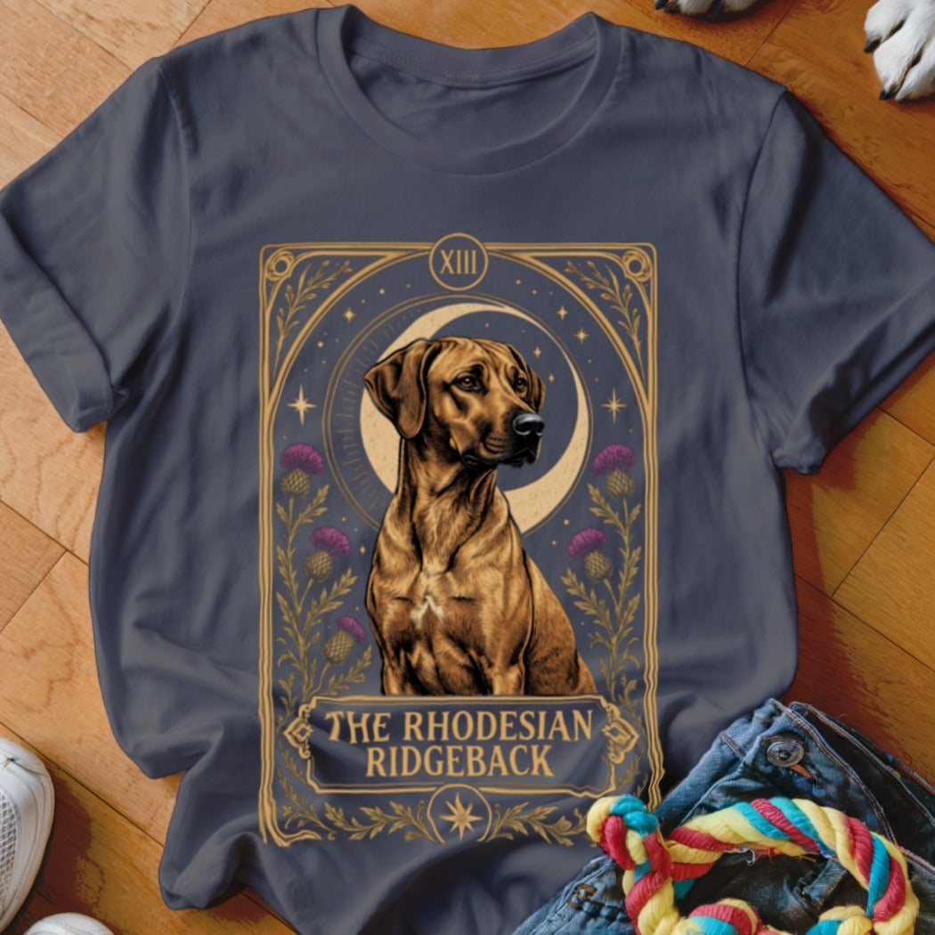 A dark gray t-shirt featuring a tarot card graphic of a Rhodesian Ridgeback dog.