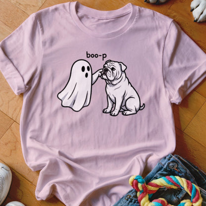 Pink t-shirt with a ghost booping a bulldog, text says "boo-p".