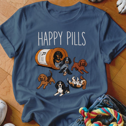 T-shirt with "Happy Pills" text and cartoon dogs spilling from a pill bottle.