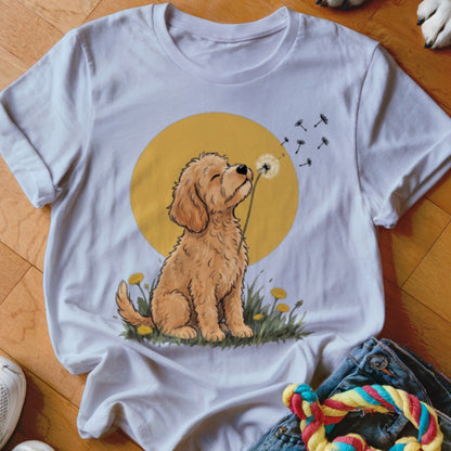 A white short-sleeved t-shirt featuring a graphic of a golden puppy blowing dandelion seeds against a yellow circle backdrop.
