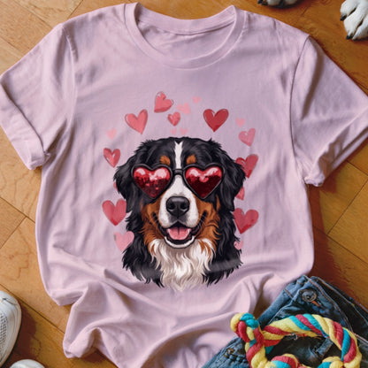 A pink t-shirt features a Bernese Mountain Dog wearing heart-shaped sunglasses, surrounded by pink hearts.
