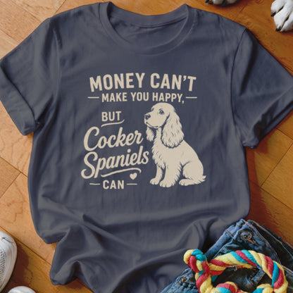Dark blue t-shirt with text "Money can't make you happy, but Cocker Spaniels can."