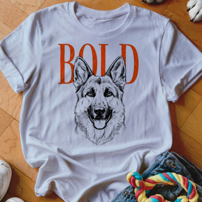 White t-shirt with orange "BOLD" text and German Shepherd sketch.