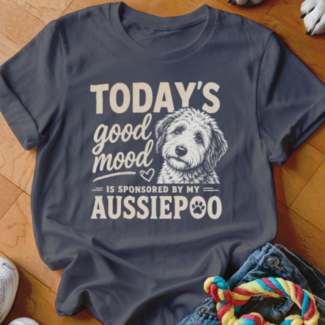 Dark grey t-shirt with "TODAY'S good mood IS SPONSORED BY MY AUSSIEPOO" and dog graphic.