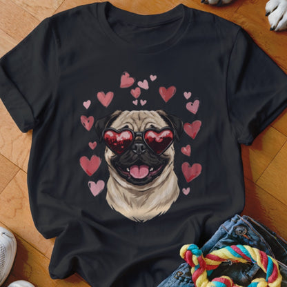 Black t-shirt featuring a graphic of a smiling pug wearing heart-shaped sunglasses surrounded by pink hearts.