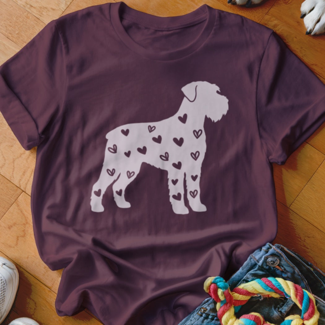 Maroon t-shirt with a white silhouette of a schnauzer dog covered in hearts.