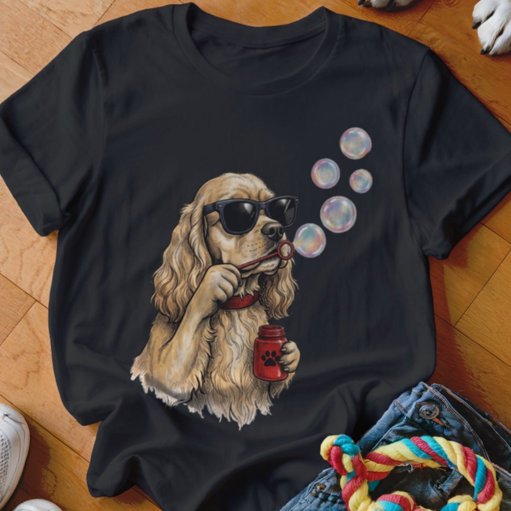 Black t-shirt featuring a graphic of a Cocker Spaniel wearing sunglasses and blowing bubbles.