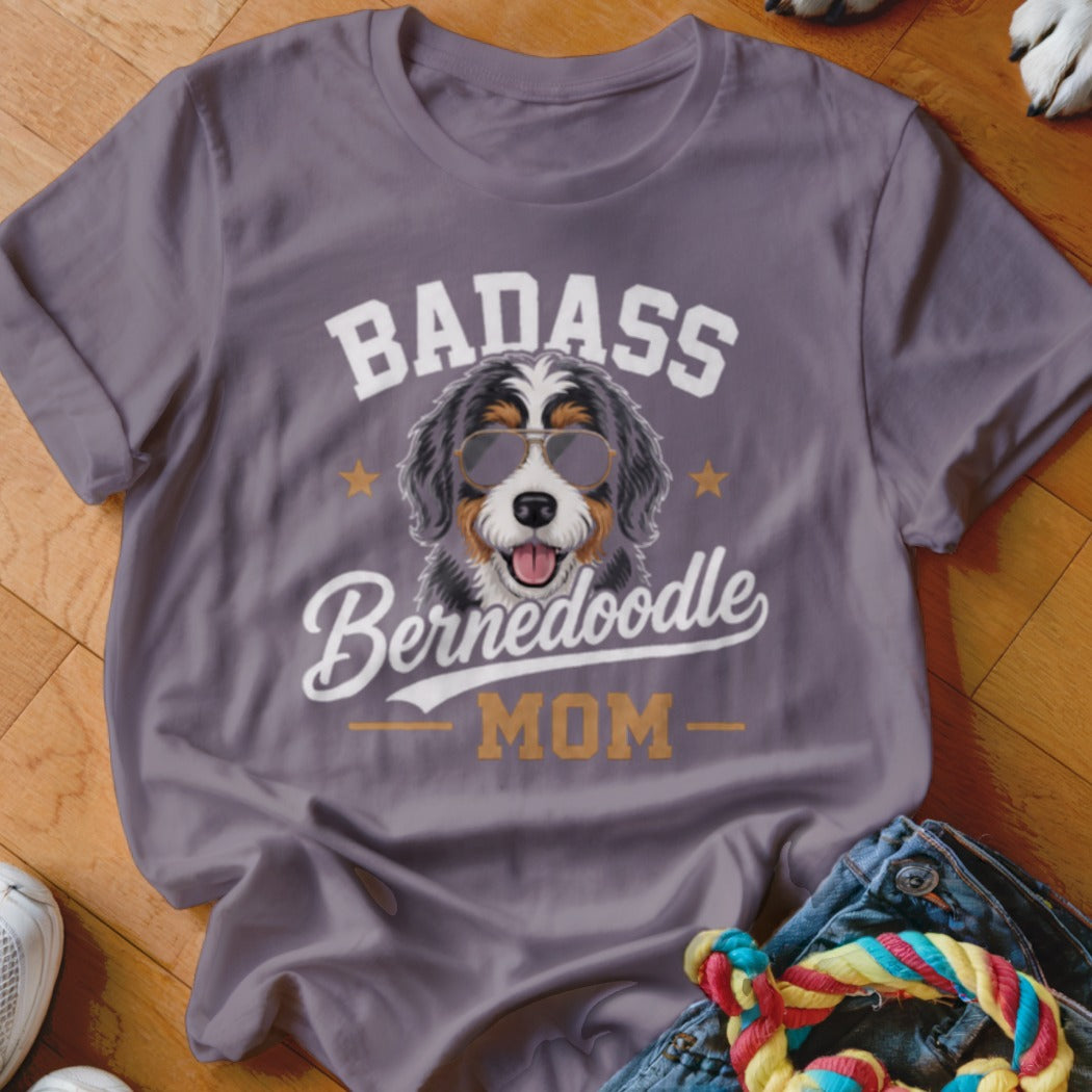 Bernedoodle mom t-shirt with a dog wearing sunglasses and text "BADASS BERNEDOODLE MOM".