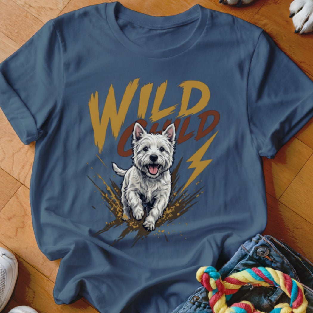 A blue t-shirt featuring a graphic of a white West Highland Terrier and the text WILD CHILD.
