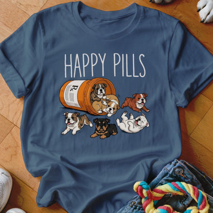T-shirt with "Happy Pills" text and bulldogs spilling from a prescription bottle.
