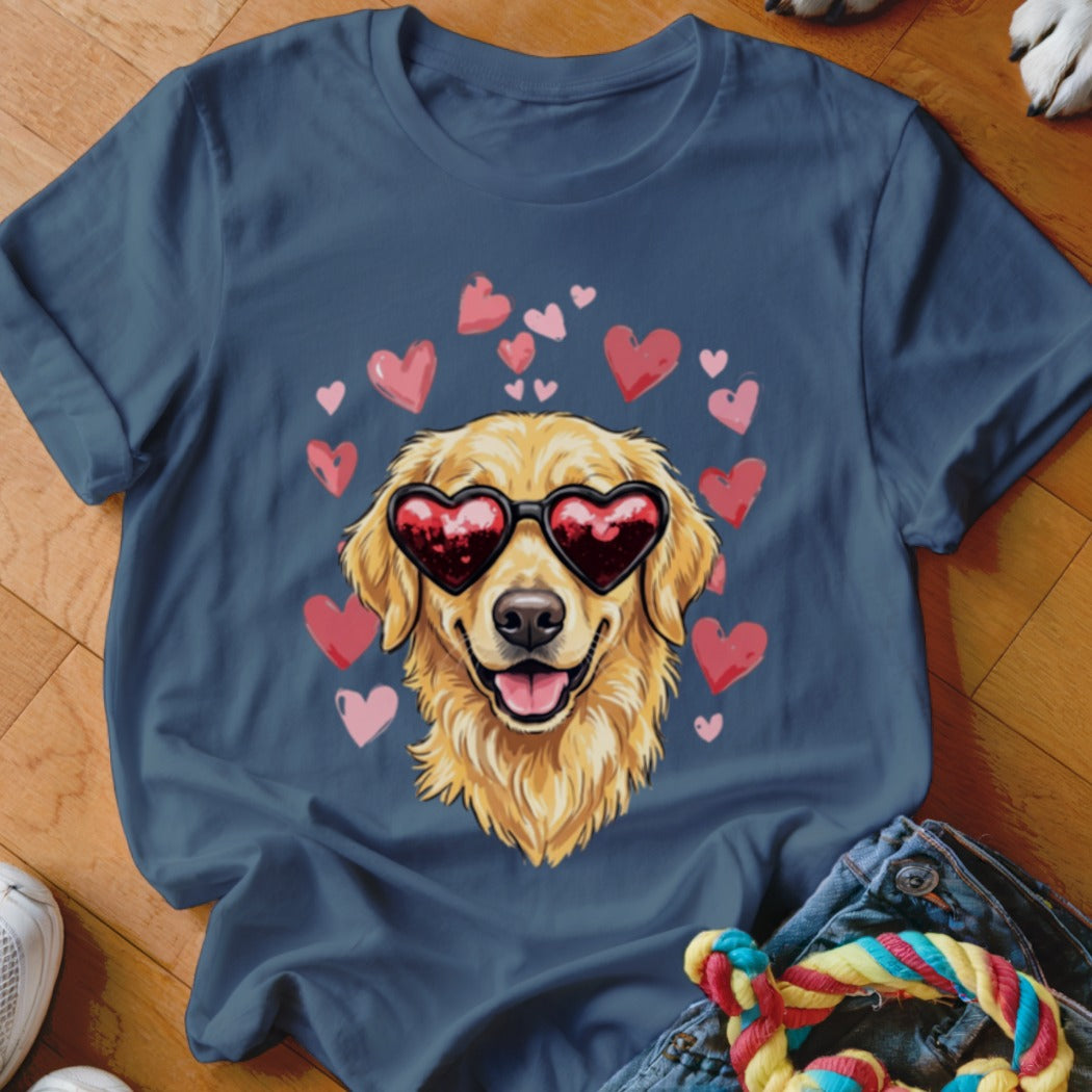 Blue t-shirt featuring a graphic of a golden retriever wearing heart-shaped sunglasses surrounded by pink hearts.