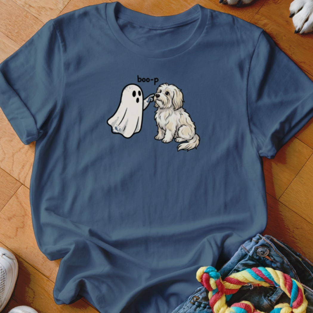 White dog boops a cartoon ghost with the text "boo-p" above.