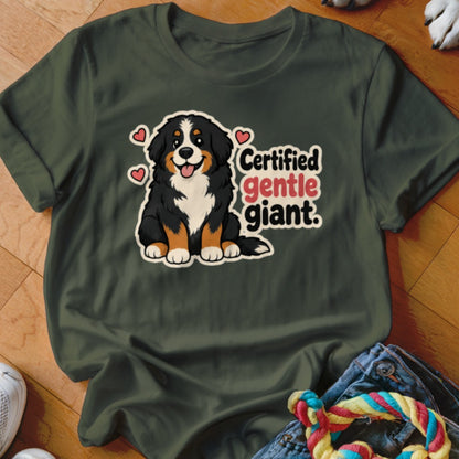Bernese Mountain Dog graphic with "Certified gentle giant." text on a dark green shirt.