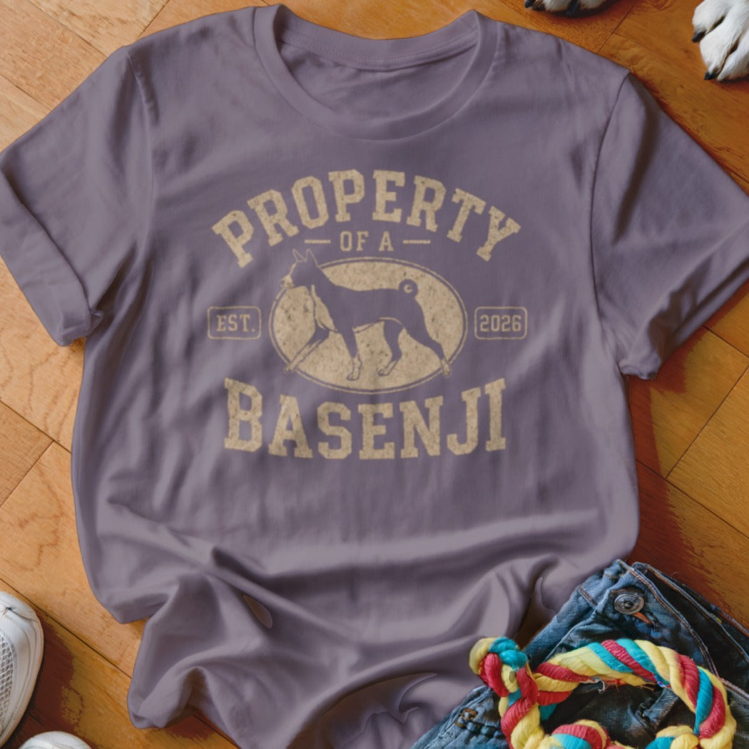 Purple t-shirt with "Property of a Basenji Est. 2026" text and dog graphic.