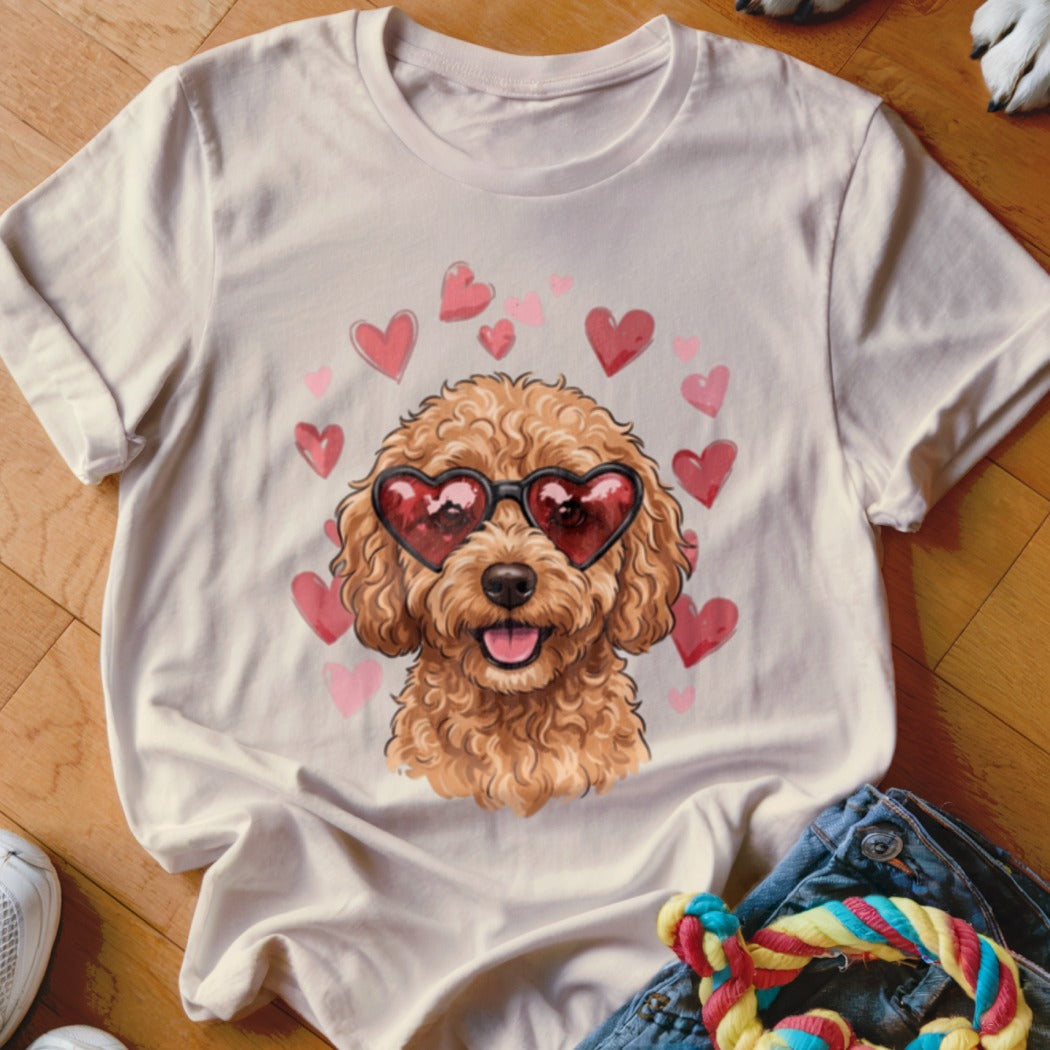 A cream-colored t-shirt features a graphic of a fluffy golden poodle wearing heart-shaped sunglasses, surrounded by pink hearts.