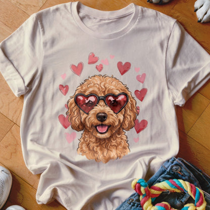 A cream-colored t-shirt features a graphic of a fluffy golden poodle wearing heart-shaped sunglasses, surrounded by pink hearts.