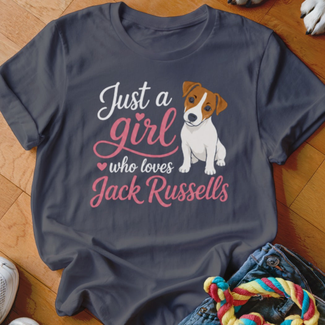 Dark grey t-shirt with "Just a girl who loves Jack Russells" and a dog illustration.