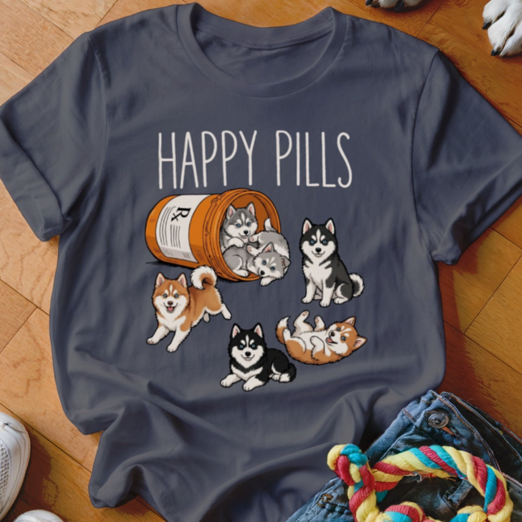 Gray t-shirt with "HAPPY PILLS" and cartoon huskies spilling from a pill bottle.