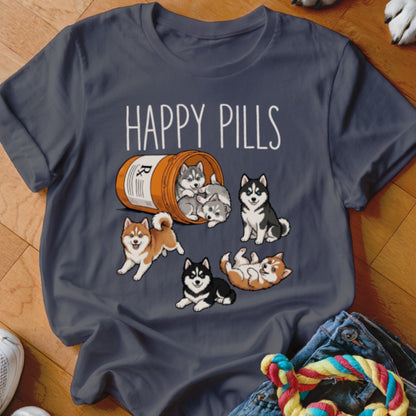 Gray t-shirt with "HAPPY PILLS" and cartoon huskies spilling from a pill bottle.