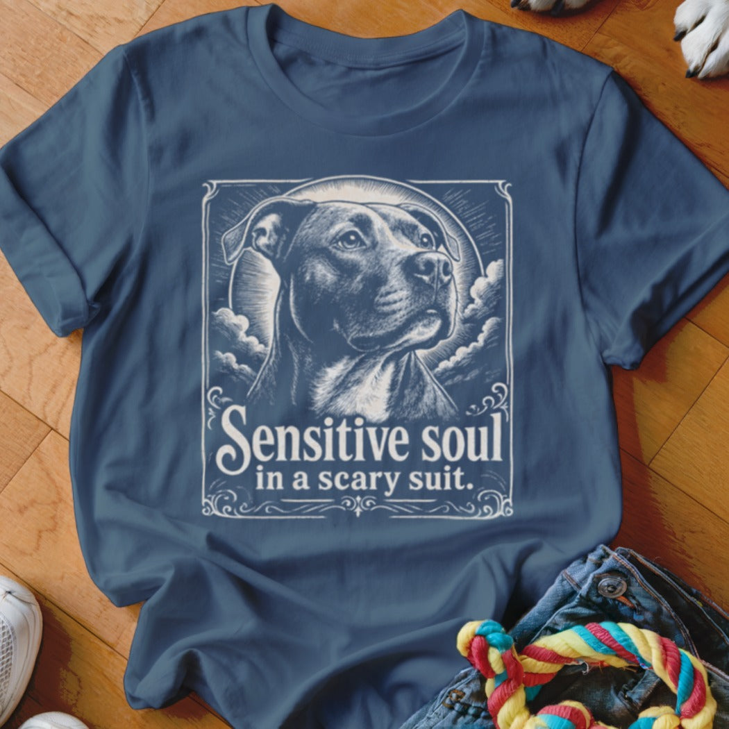 Blue t-shirt with a pit bull illustration and text "Sensitive soul in a scary suit."