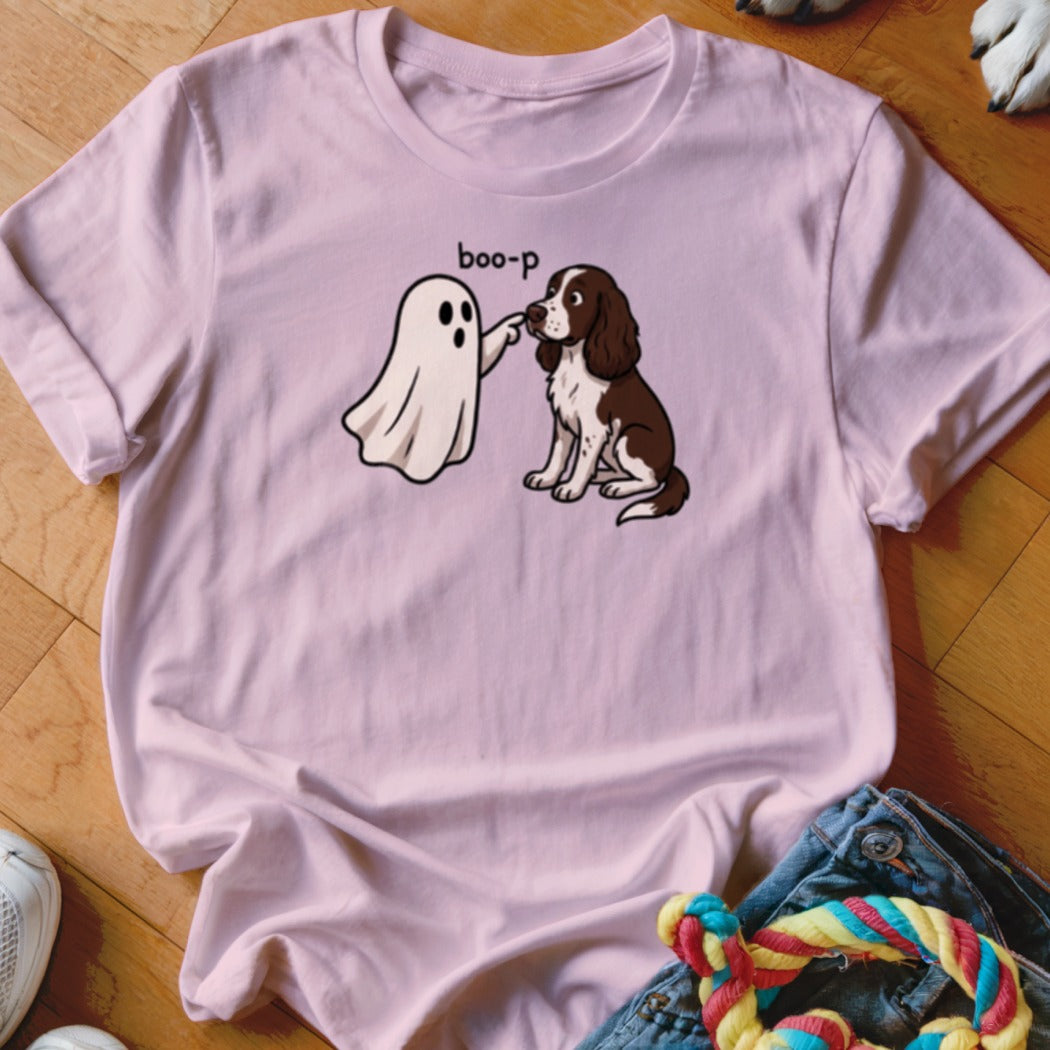 Pink t-shirt with ghost "boop-p"ing a brown and white dog.