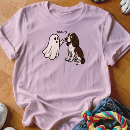 Pink t-shirt with ghost "boop-p"ing a brown and white dog.