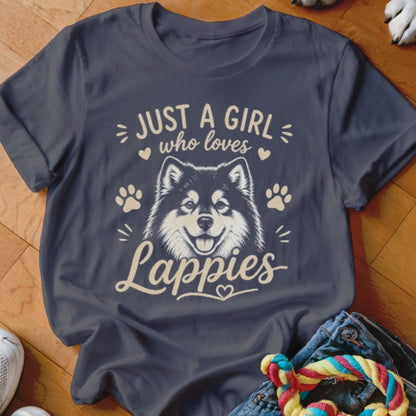 Dark grey t-shirt with "Just a girl who loves Lappies" text and a dog portrait.