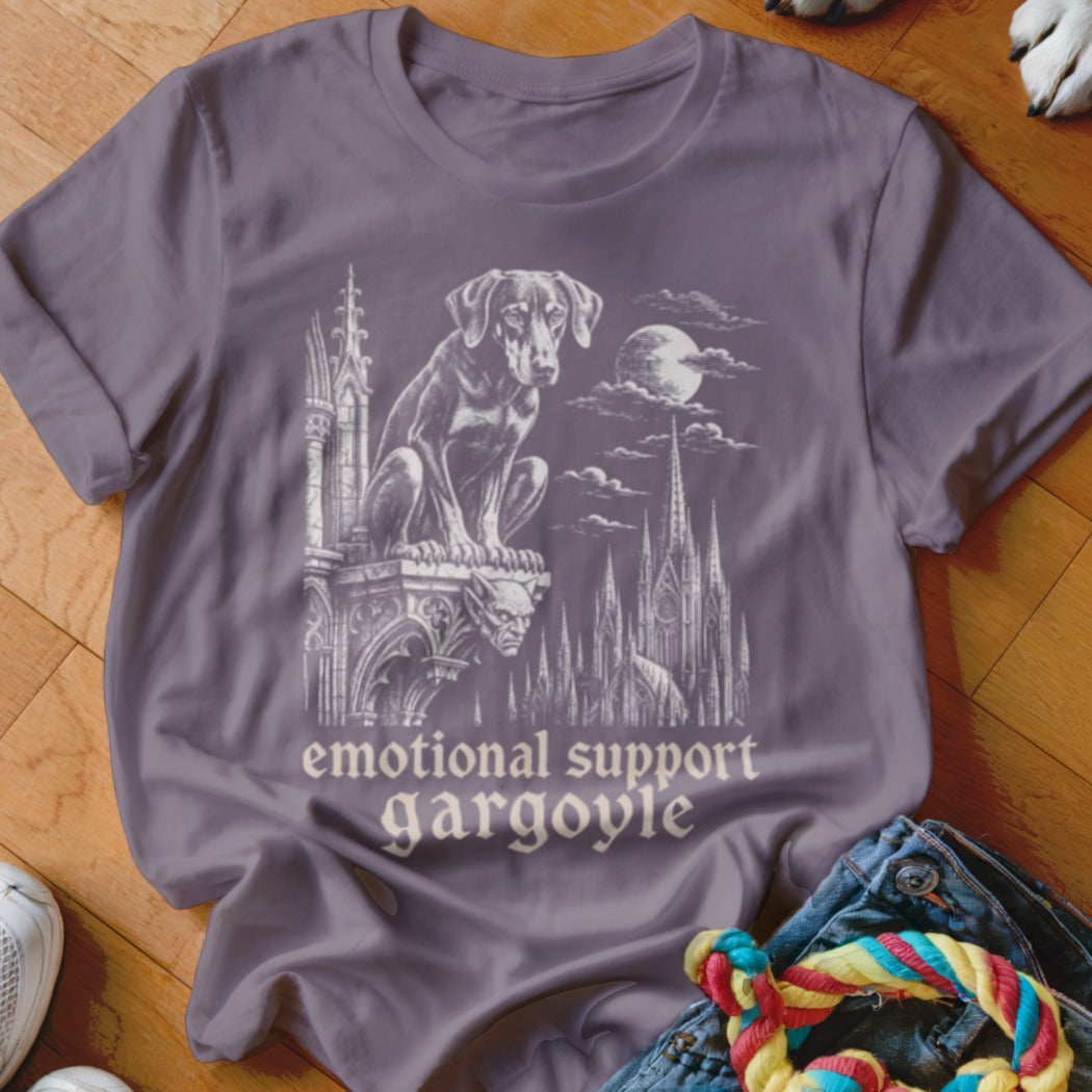 Grey t-shirt with white print of a dog and gargoyle on a gothic building.