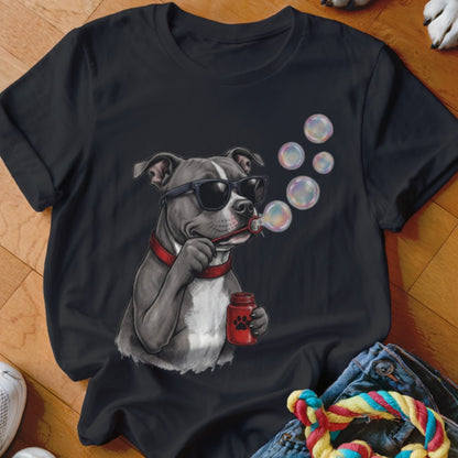 Black t-shirt featuring a graphic of a pit bull wearing sunglasses and blowing soap bubbles.