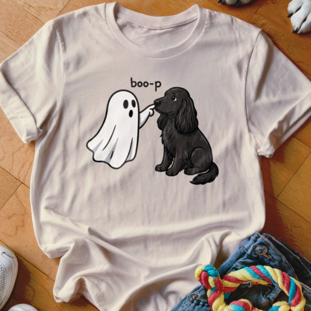 Ghost booping a black dog with "boo-p" text on a cream t-shirt.
