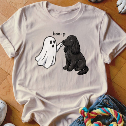 Ghost booping a black dog with "boo-p" text on a cream t-shirt.