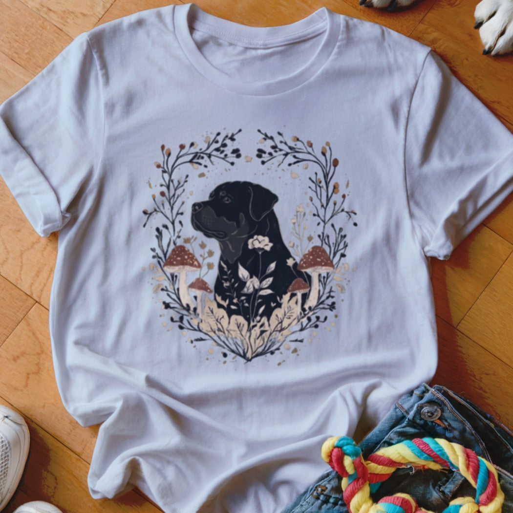 White short-sleeved t-shirt featuring a black Rottweiler surrounded by a floral and mushroom wreath illustration.