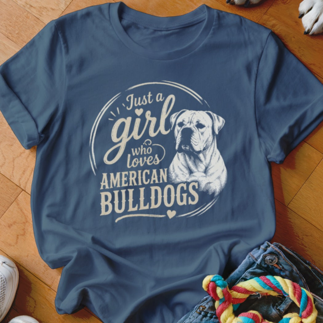 Navy t-shirt with "Just a girl who loves AMERICAN BULLDOGS" text and dog illustration.