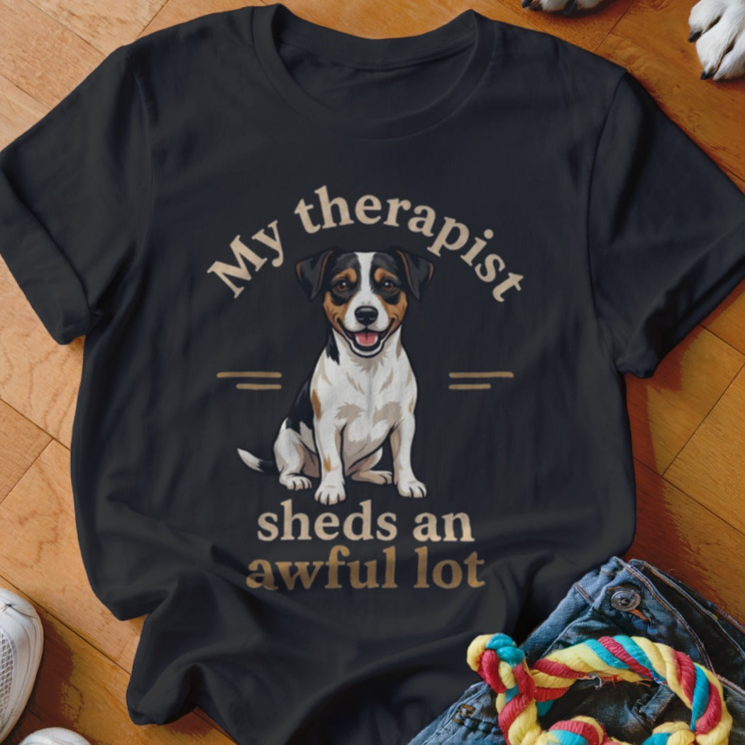 Black t-shirt with illustration of a dog and text "My therapist sheds an awful lot."