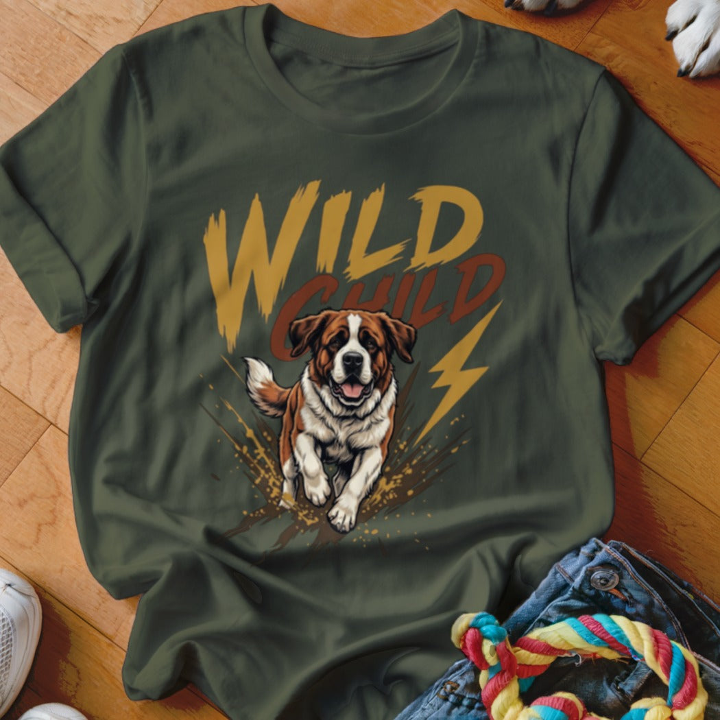 An olive green t-shirt with a graphic of a running dog and the text WILD CHILD.