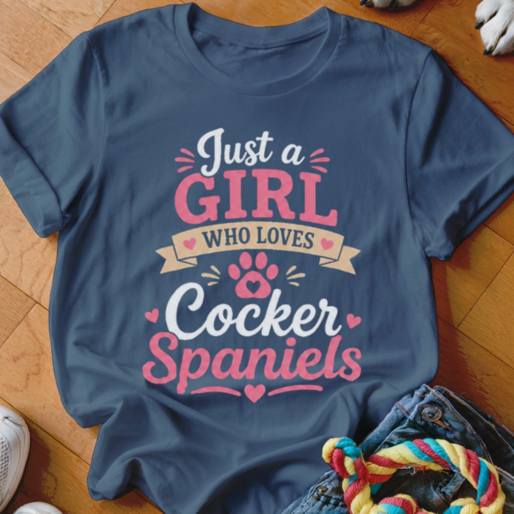 Navy t-shirt with "Just a GIRL WHO LOVES Cocker Spaniels" text and paw print.