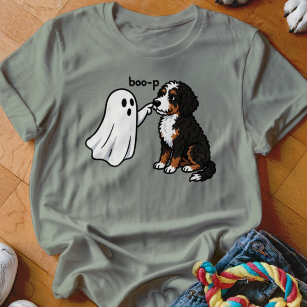 Bernese Mountain Dog puppy being booped by a ghost with "boo-p" text.