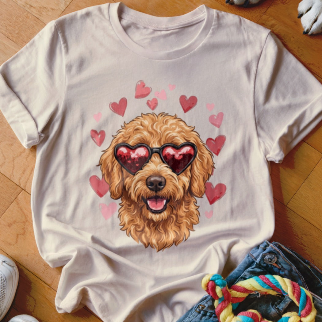 Beige t-shirt featuring a doodle dog wearing heart-shaped sunglasses, surrounded by pink and red hearts.