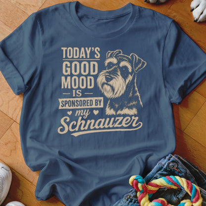 Blue t-shirt with Schnauzer graphic and text "Today's good mood is sponsored by my Schnauzer."