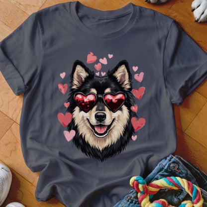 A dark grey crewneck t-shirt featuring a graphic of a black and tan dog wearing heart-shaped sunglasses, surrounded by pink hearts.