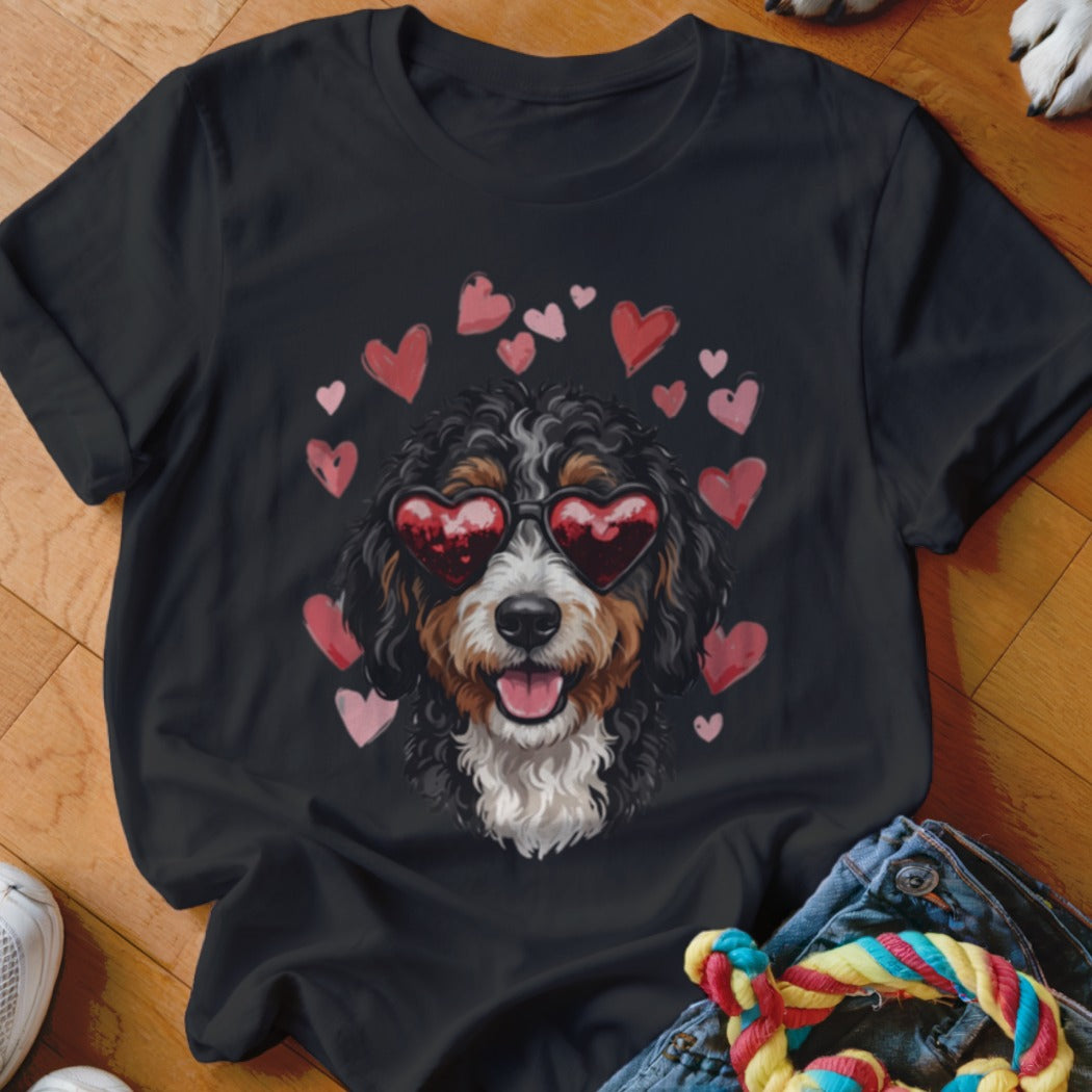 A black t-shirt printed with a Bernedoodle wearing heart-shaped sunglasses surrounded by floating pink hearts.