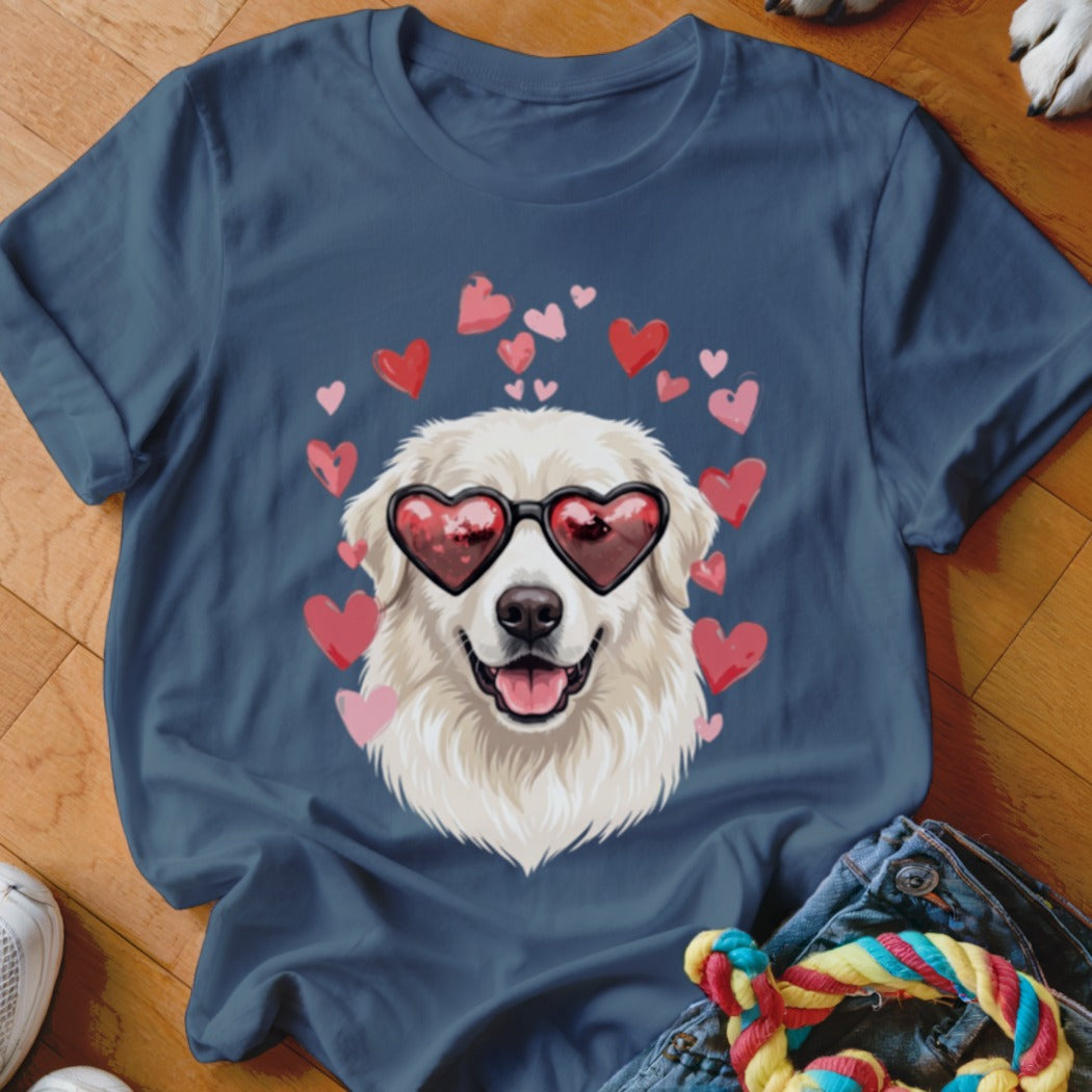 Dark blue t-shirt featuring a graphic of a white dog wearing heart-shaped sunglasses surrounded by floating pink hearts.