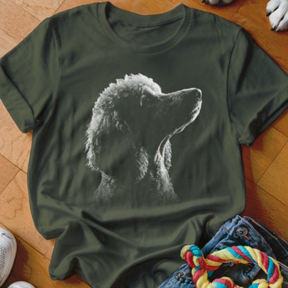 Dark green t-shirt with a white poodle silhouette graphic on the chest.