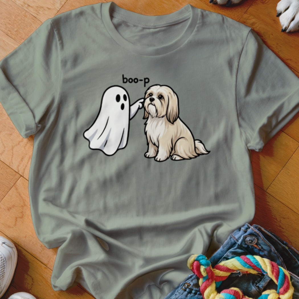 A ghost boops a shih tzu dog's nose with text that says "boo-p".