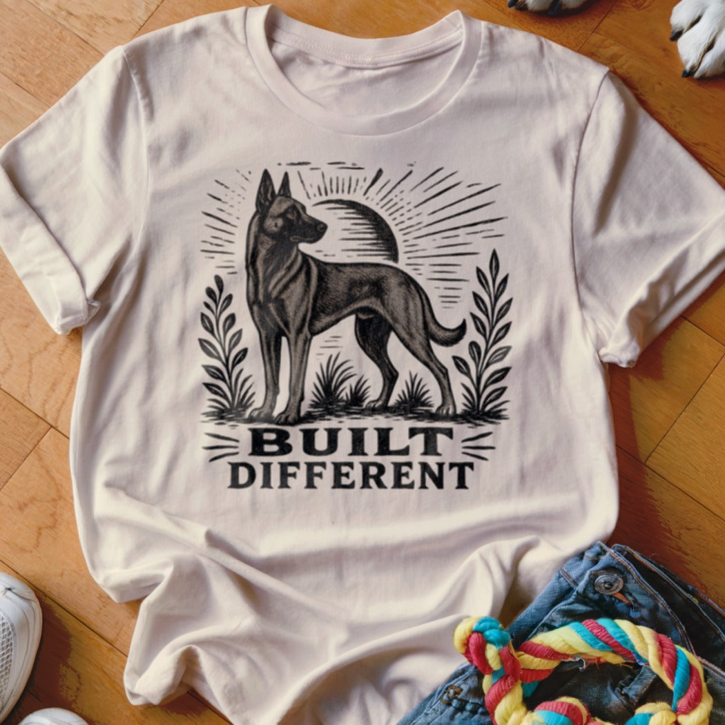 Cream t-shirt with black graphic of a dog, sun, and text "BUILT DIFFERENT".