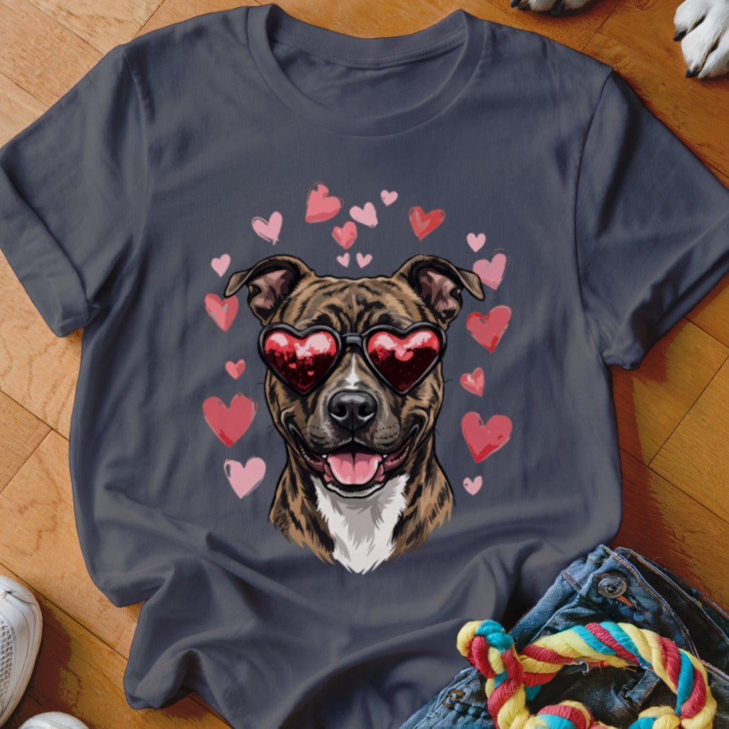 Dark gray crewneck t-shirt featuring a brindle pitbull wearing heart-shaped sunglasses surrounded by pink hearts.