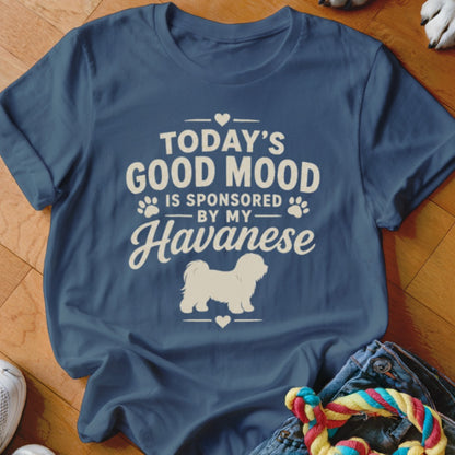 Blue t-shirt with "Today's Good Mood Is Sponsored By My Havanese" text and dog silhouette.