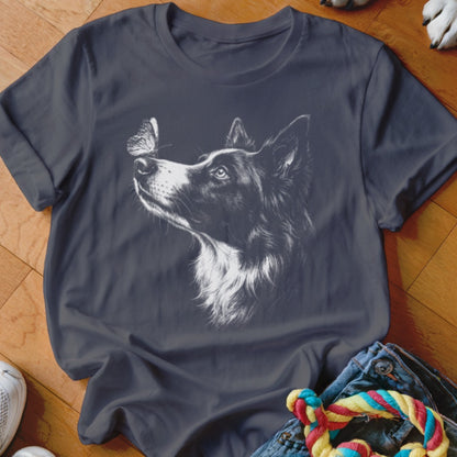 Charcoal gray t-shirt featuring a white line art graphic of a dog looking at a butterfly.